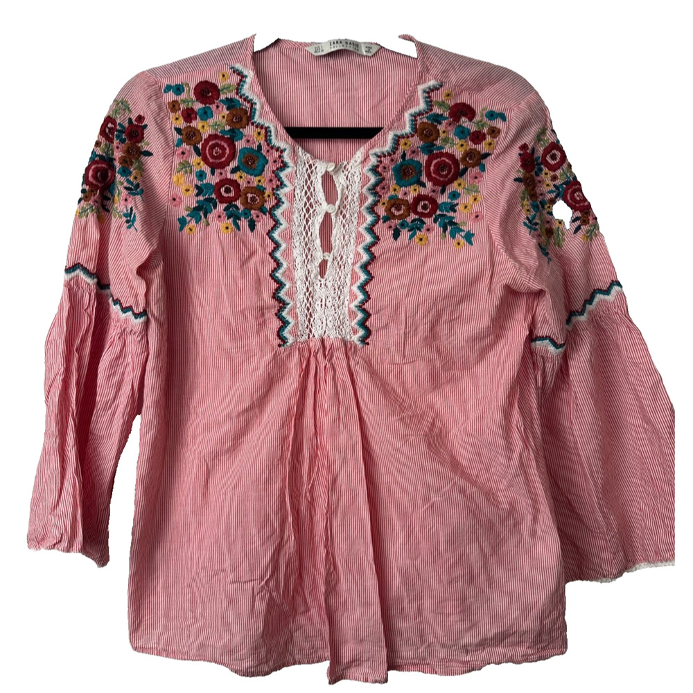 Zara Basic Colletion Blouse Wmens Large Striped Embroidered Boho Bell Sleeve C7